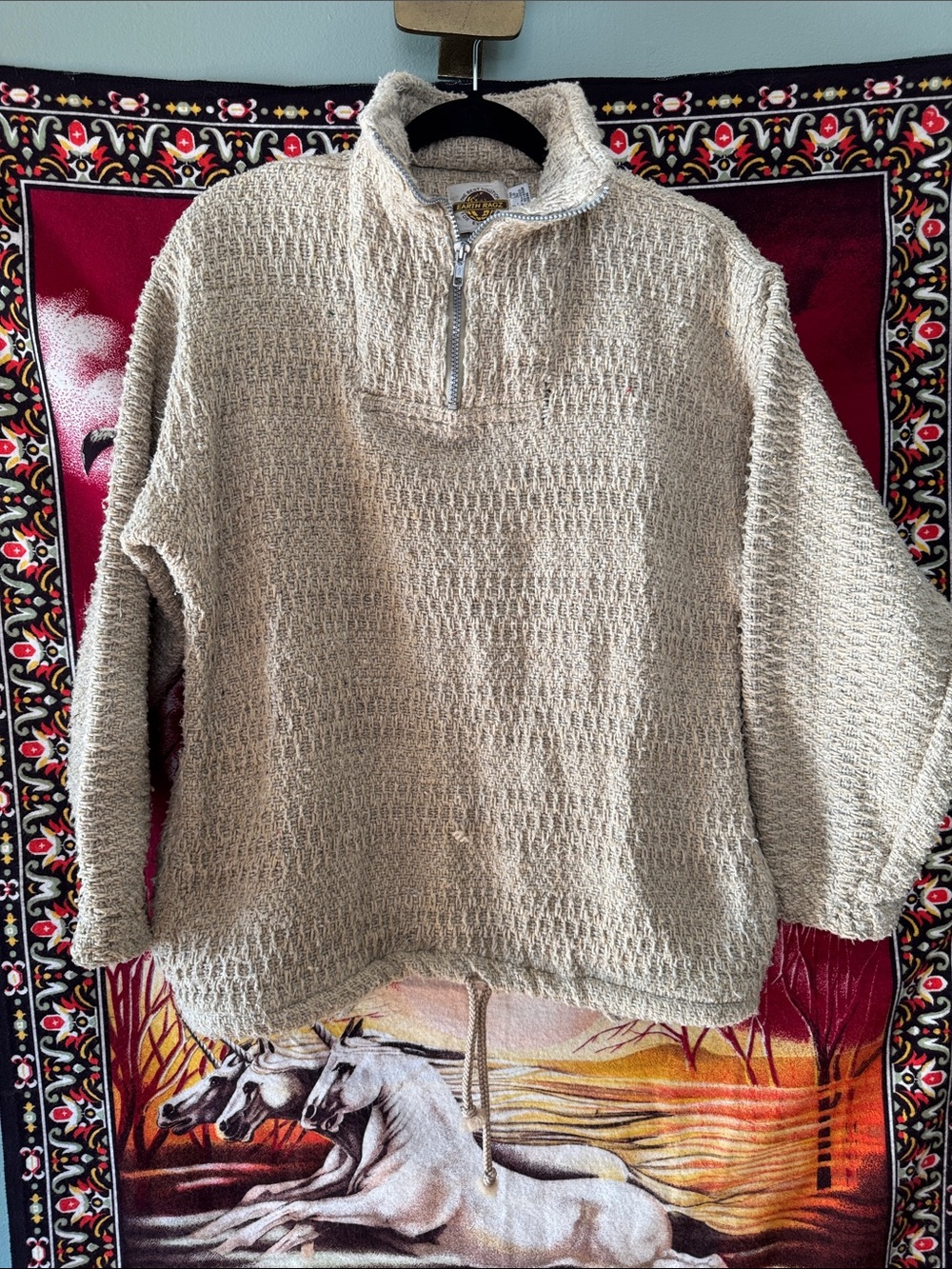 earth ragz men’s cream quarter zip chunky knit hippie pullover sweater